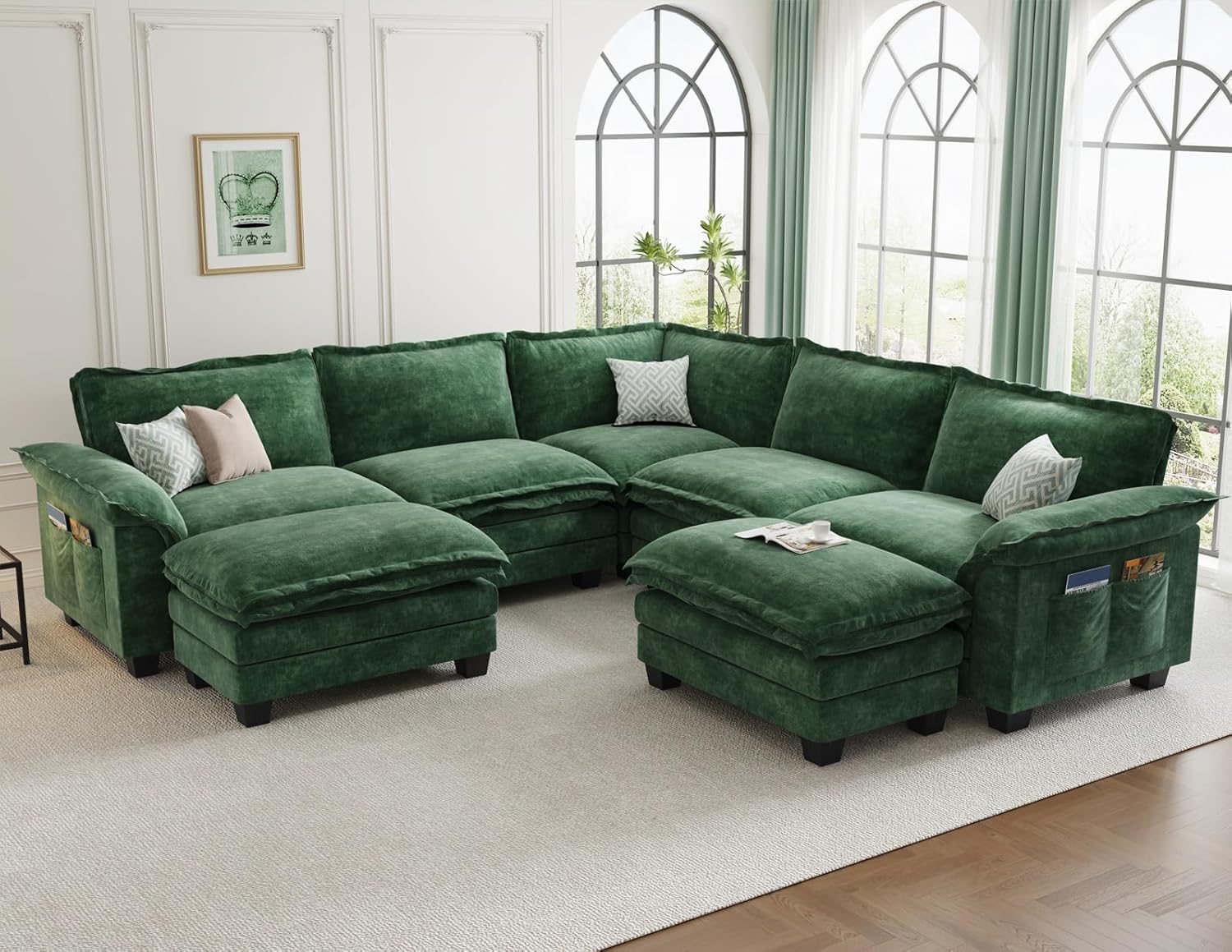 KKL Large V-Shaped Modular Sectional Sofa, 7 Seater Cloud Couch with Ottoman, Chenille Sectional Couches for Living Room, Apartment, Green | Chenille Oversized Sectional Couches for Living Room, Apartment, Green