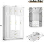 Hlivelood Large Armoire Wardrobe Closet Cabinet with Drawers and LED Lights, Multi-Tier Shelves, Hanging Rod, Large Capacity Storage 4 Door Wardrobe Armoire with Top Cabinet for Bedroom, White