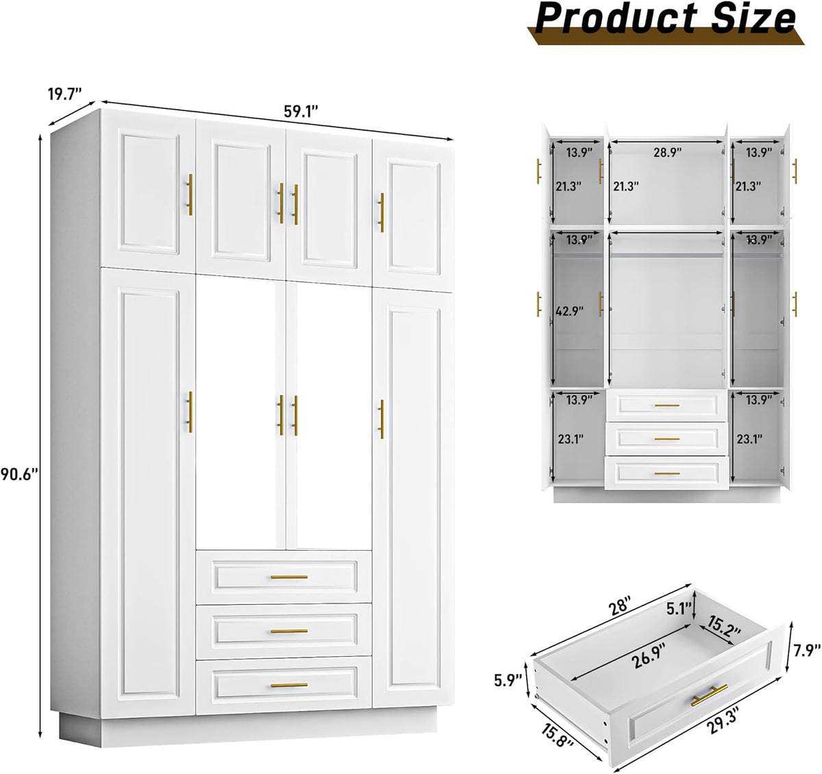 Hlivelood Large Armoire Wardrobe Closet Cabinet with Drawers and LED Lights, Multi-Tier Shelves, Hanging Rod, Large Capacity Storage 4 Door Wardrobe Armoire with Top Cabinet for Bedroom, White