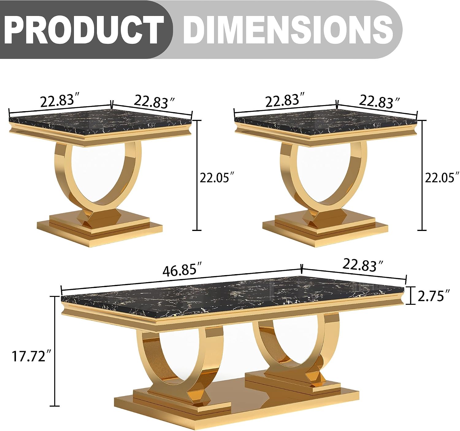 Marble Coffee Table Set of 3, Includes 1 Coffee Table with 2 Square End Side Tables, Luxury 3 Piece Living Room Table Set with Black Faux Marble Tabletop & Gold Stainless Steel Base