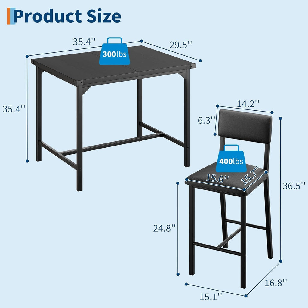 IDEALHOUSE Dining Table Set for 4 with Footrest & Corner Protector, Counter Height Table with 4 Upholstered Bar Stools, 5-Piece Kitchen Table Set, for Dining Room, Apartment, Pub, Rustic Black