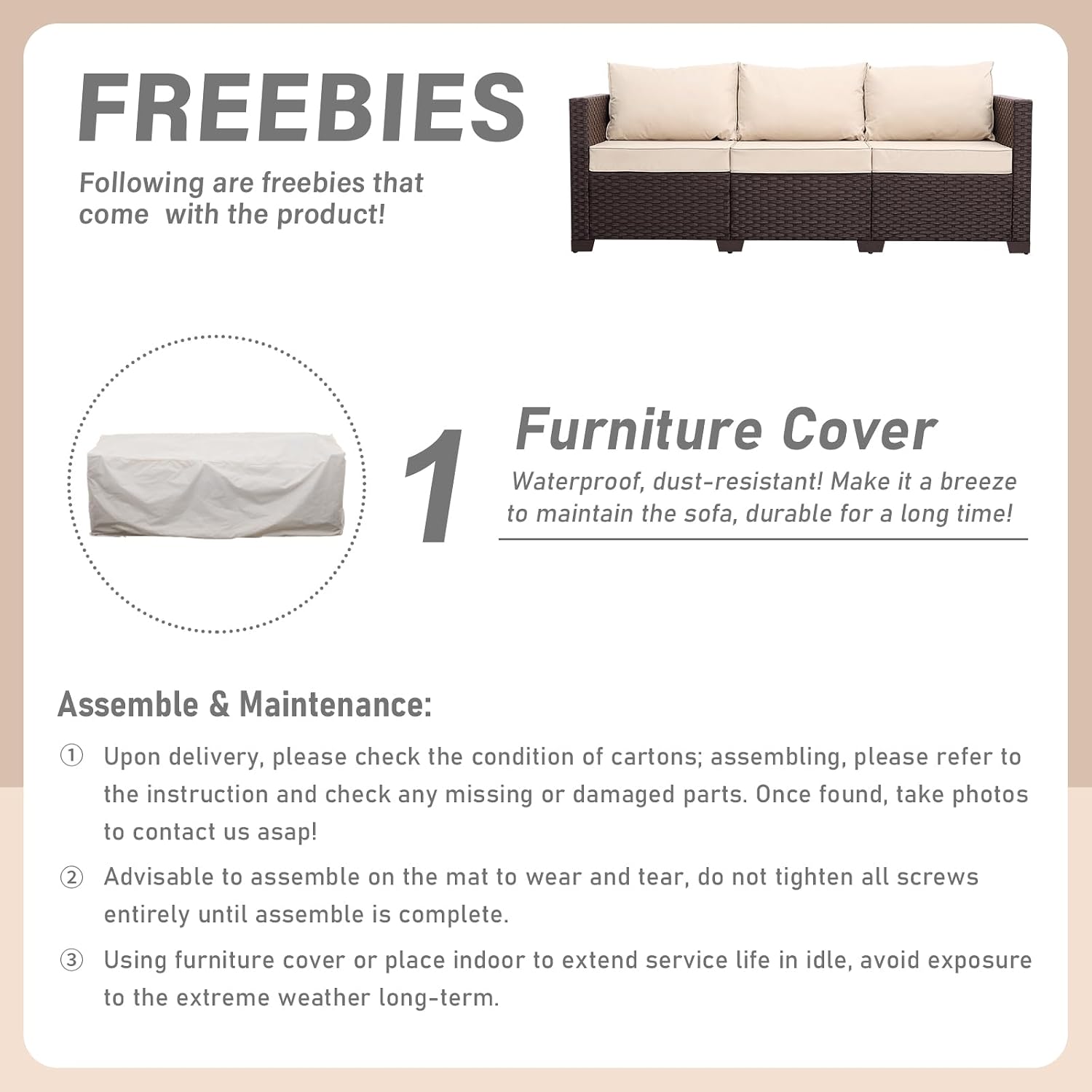 Oasishine Patio Furniture 3-seat Sofa Wicker Outdoor Furniture Outdoor Couch Deep Seat Hight Backrest Non-Slip Cushions, Khaki