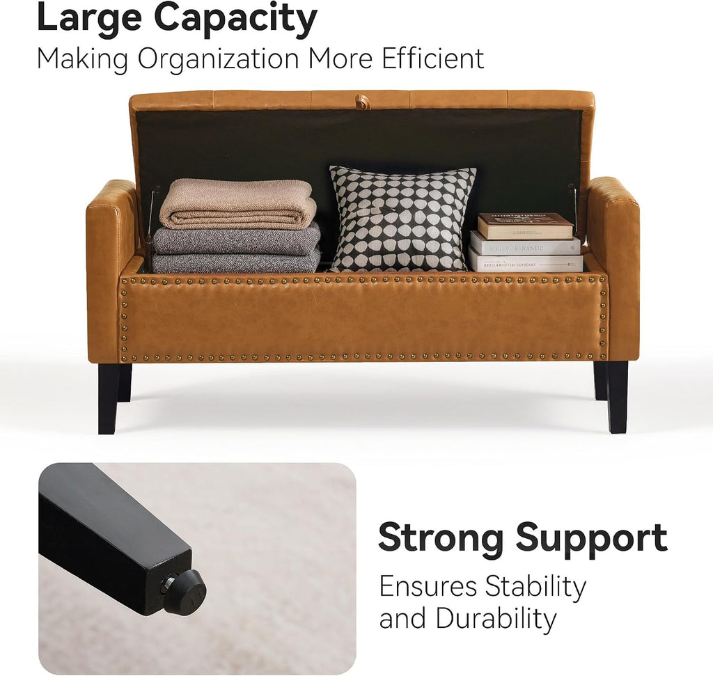 WUTUTUEE 47" Modern Water-Resistant Faux Leather Storage Ottoman Bench with Wooden Legs, Upholstered End of Bed Bench for Bedroom, Living Room or Entryway, Light Brown