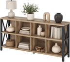 FATORRI 8 Cube Storage Organizer Bookshelf, 62 Inch Rustic Wood Horizontal Bookcase, Industrial Cube Long Book Shelf for Living Room (Rustic Oak)