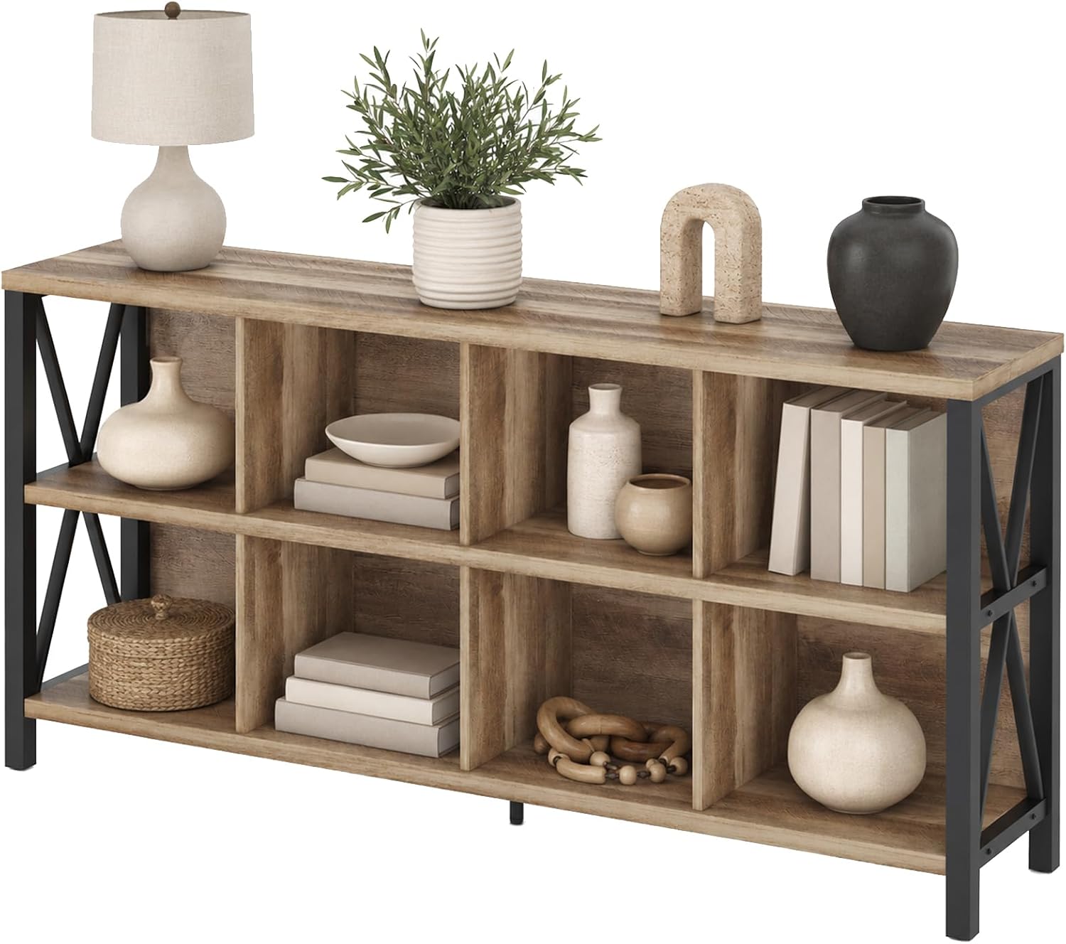 FATORRI 8 Cube Storage Organizer Bookshelf, 62 Inch Rustic Wood Horizontal Bookcase, Industrial Cube Long Book Shelf for Living Room (Rustic Oak)