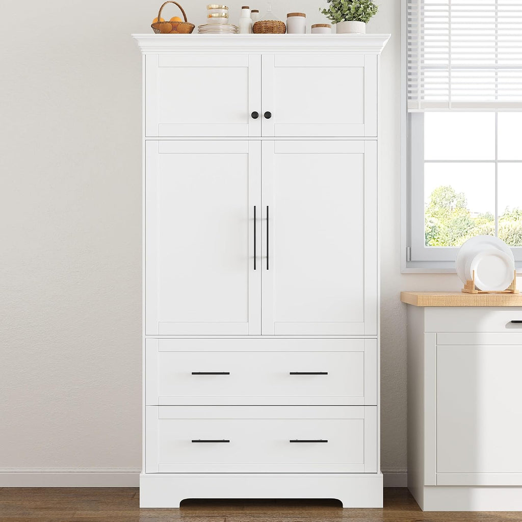 Harper & Bright Designs 72" Tall Farmhouse Kitchen Pantry with 2 Cabinets & 2 Drawers, Modern Storage Cabinet with 3 Pull-Out Trays & 4 Doors, Freestanding Cupboard for Kitchen, Dining Room,White