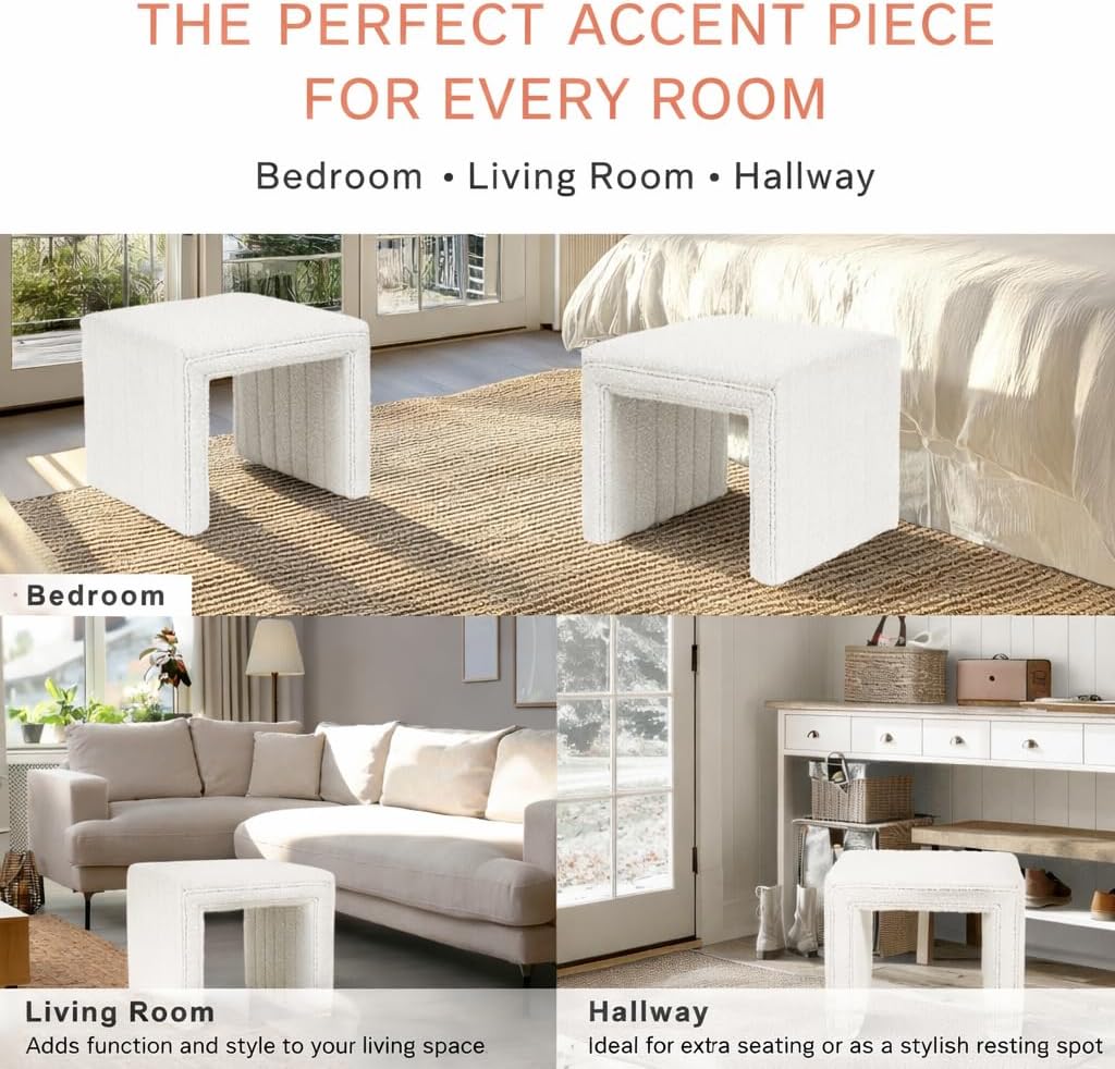 HomePop 19" Modern Channel Tufted Ottoman - Cream Boucle