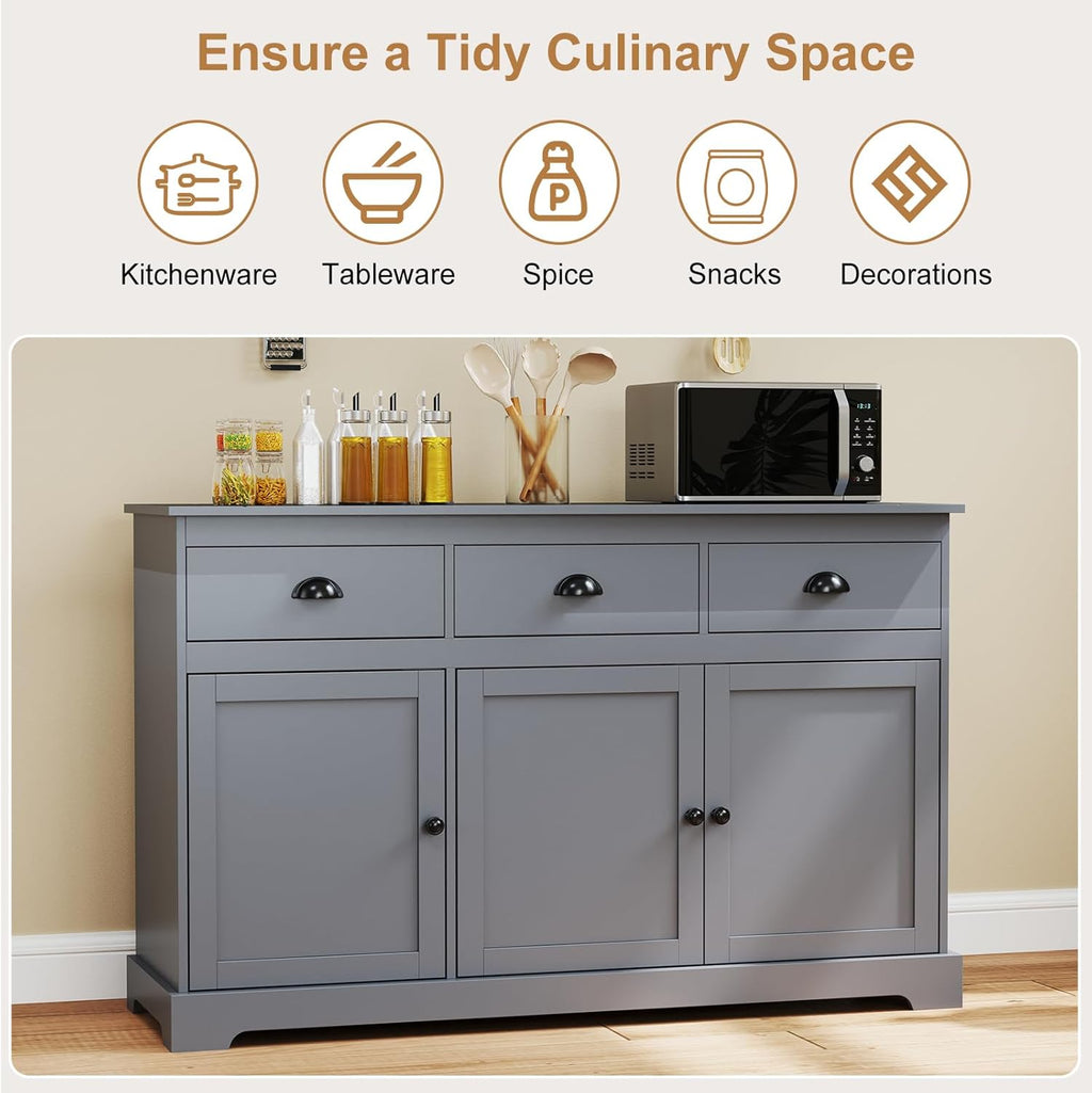 Sideboard Buffet Cabinet with Storage, 53.5” Large Kitchen Cupboard with 3 Drawers, Adjustable Shelf, Credenzas for Living Room, Wooden Coffee Bar Console Table for Dining Room (Grey)