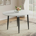 42"-54" Round to Oval Extendable Dining Room Table, White Faux Marble & Wood Grain Top with Black Metal Legs, Modern Round Dining Table for 4–6, Space-Saving Kitchen Table, Easy Assembly