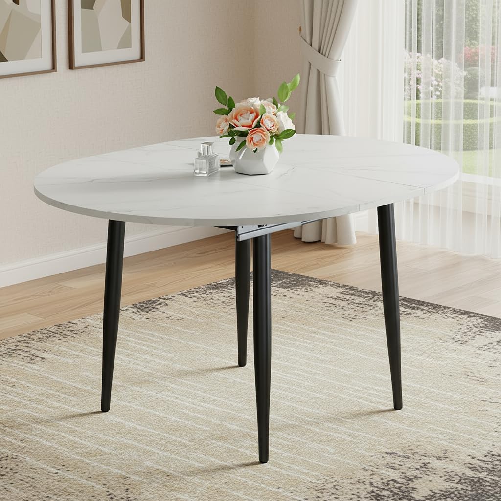 42"-54" Round to Oval Extendable Dining Room Table, White Faux Marble & Wood Grain Top with Black Metal Legs, Modern Round Dining Table for 4–6, Space-Saving Kitchen Table, Easy Assembly