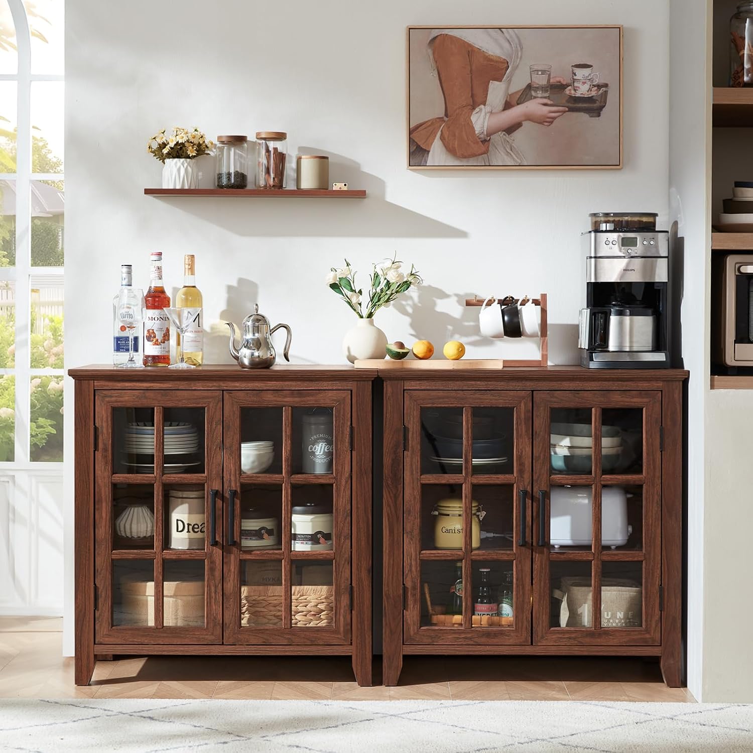 Joaxswe Large Sideboard Buffet Cabinet with Storage, 32" Farmhouse Brown Kitchen Coffee Wine Bar Cabinet with 2 Glass Doors, Wood Mid Century Modern Side Board Table for Dining Room, Living Room