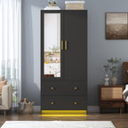 chartustriable 2 Doors Armoire Wardrobe Closet with Mirror, LED Closet with Doors and Drawers, Wooden Wardrobe Storage Cabinet with Hanging Rod, Small Armoire, Black