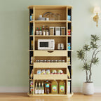 iPormis Kitchen Pantry with Sliding Doors, Tall Modern Curved Pantry Storage Cabinets with Drawer & Pull Out Shelves, 64" Freestanding Wood Cupboard for Kitchen Dining Room Living Room, Natural Brown