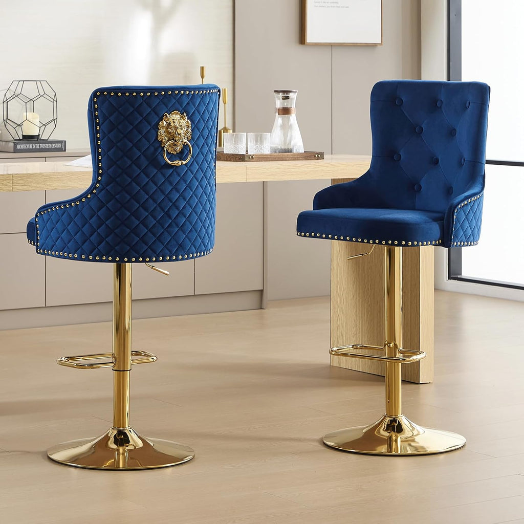 Gold Barstools Set of 4,Velvet Swivel Bar Height Stools with Lion Pull Ring,Upholstered Counter Height Stools with Tufted Back,Modern Adjustable Bar Chairs for Kitchen Island/Cafe, Navy Blue