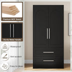 Einhomn Wooden Armoire Wardrobe Closet with 2 Doors and 2 Drawers,Freestanding Armoire Storage Cabinet with Shelves,Tall Clothing Storage Cabinet Suitable for Bedroom,Black
