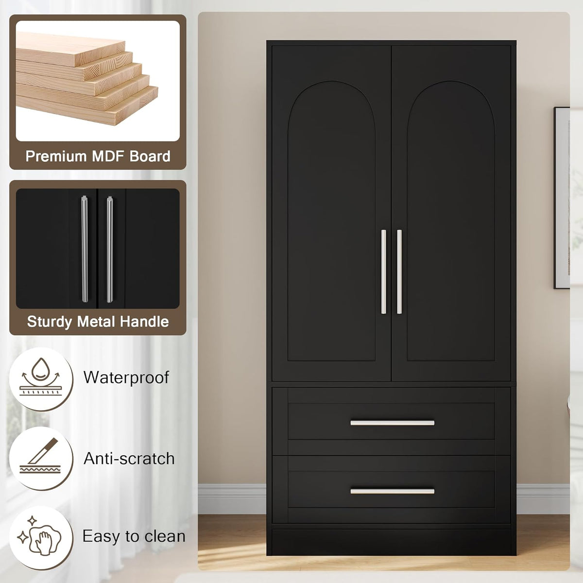 Einhomn Wooden Armoire Wardrobe Closet with 2 Doors and 2 Drawers,Freestanding Armoire Storage Cabinet with Shelves,Tall Clothing Storage Cabinet Suitable for Bedroom,Black