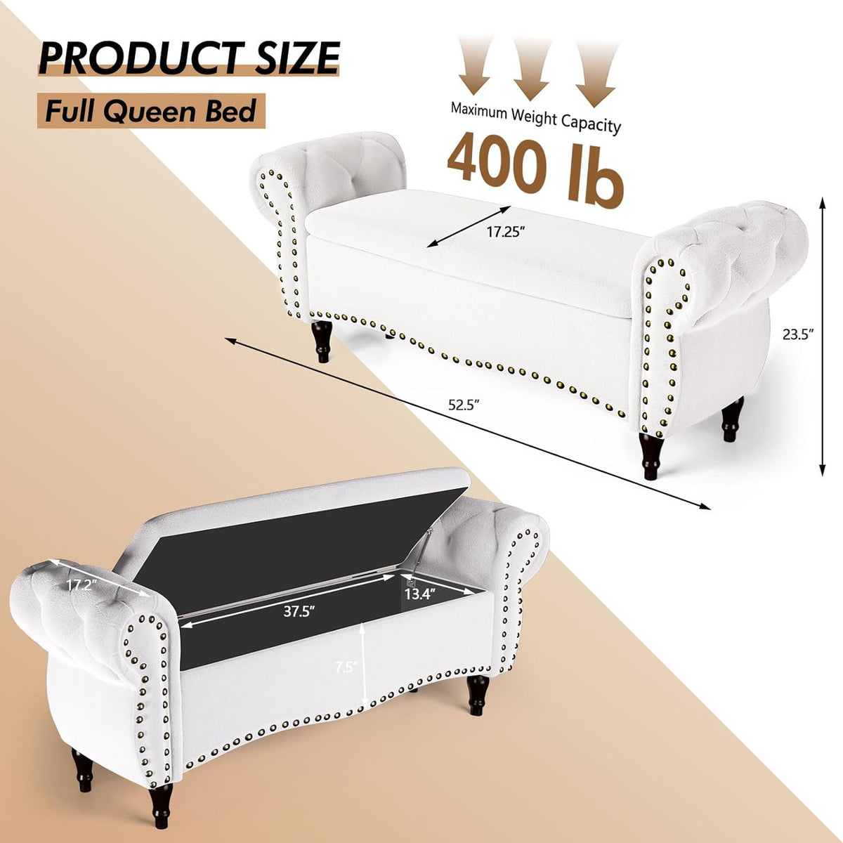 ZZW Storage Ottoman Bench, 51" Upholstered Bench & Ottoman with Safety Hinge, Tufted Bed Bench with Rolled Arm and Nailhead Trim, End of Bed Storage Bench for Bedroom, Living Room, Entryway White