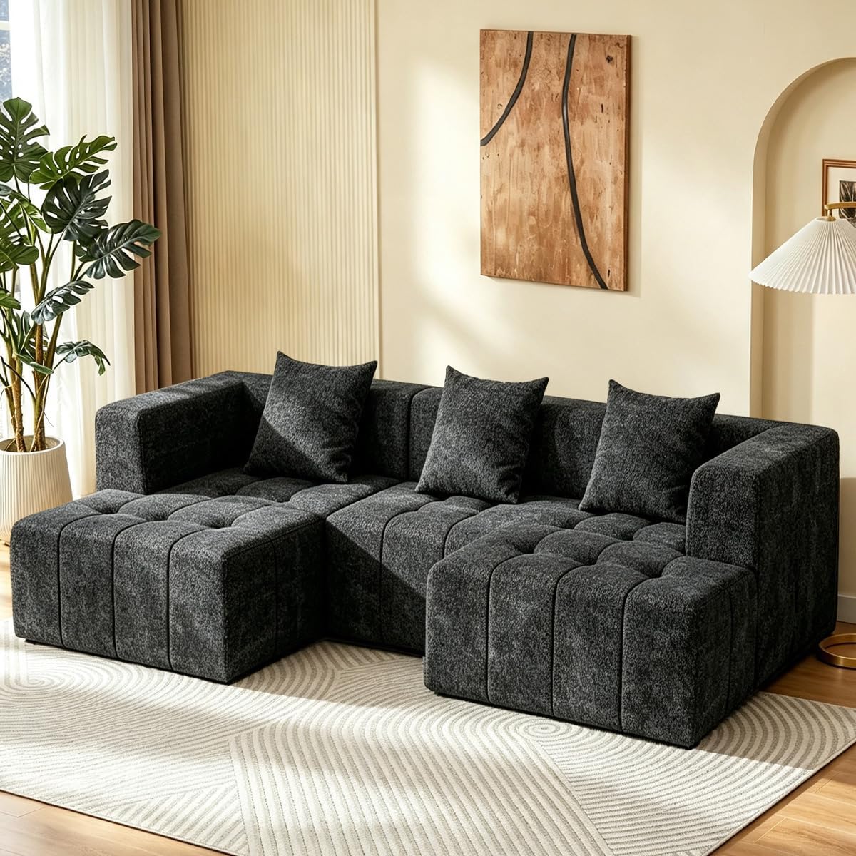 Modular Sectional Sofa with Deep Seat, Cloud Couch with 2 Movable Ottoman, No Assembly Required, Modern Plush Corduroy Cloud Couches for Living Room & Apartment, Black