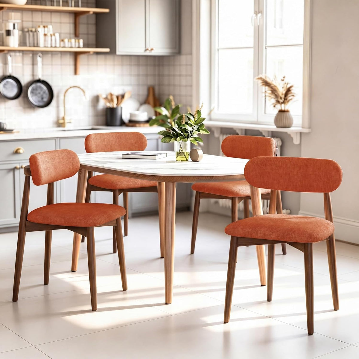 Wooden Dining Chairs Set of 4, Mid Century Modern Upholstered Kitchen Chairs with Solid Wood Legs, 350lb Heavy Duty Padded Side Chairs for Dining Room & Vanity, Orange