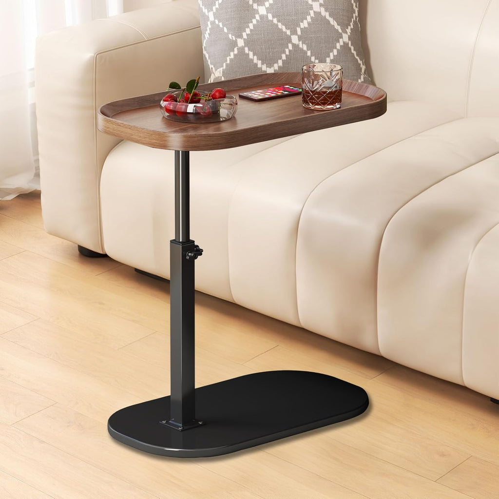 C Shaped Side Table Adjustable Height, 360° Swivel Couch End Table That Slide Under, Small C Shaped End Table for Sofa/Bed/Bathtub, Coffee TV Dinner Tray for Living Room, Bedroom, Bedside (Walnut)