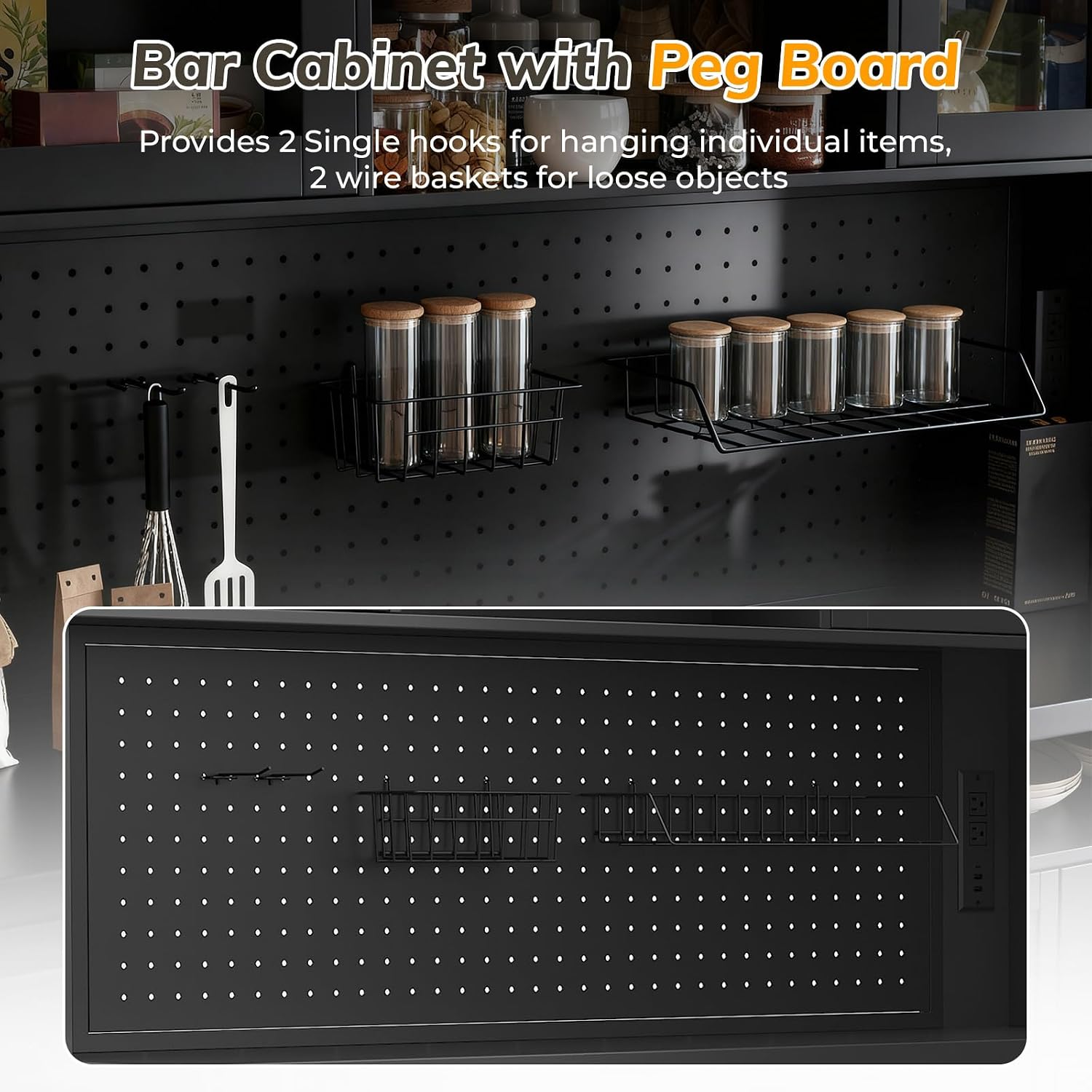 70.9" Tall Kitchen Pantry Cabinet with Outlet & LED Lights, 54.3" Wide Kitchen Storage Cabinet with Wine Rack, Farmhouse Coffee Bar Station with Pegboard, Buffet Sideboard (Black)