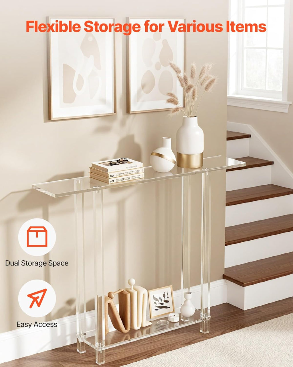 VEVOR Acrylic Narrow Console Table for Entryway, Clear Skinny Entry Side Table, 2-Tier Modern Transparent Sofa End Table, Square Legs, for Hallway, Foyer, Living Room, 7.6" D x 39.4" W x 31.5" H