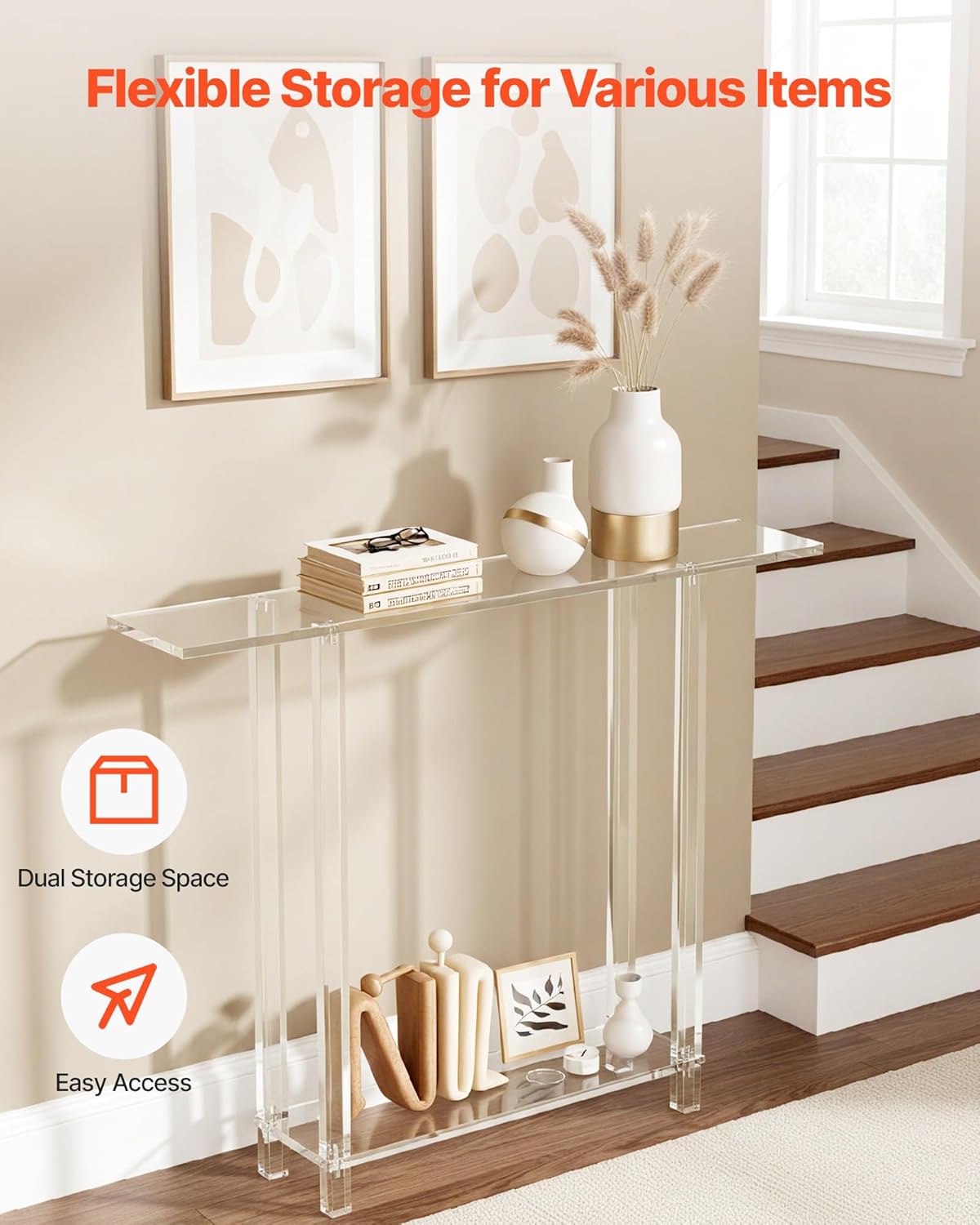 VEVOR Acrylic Narrow Console Table for Entryway, Clear Skinny Entry Side Table, 2-Tier Modern Transparent Sofa End Table, Square Legs, for Hallway, Foyer, Living Room, 7.6" D x 39.4" W x 31.5" H
