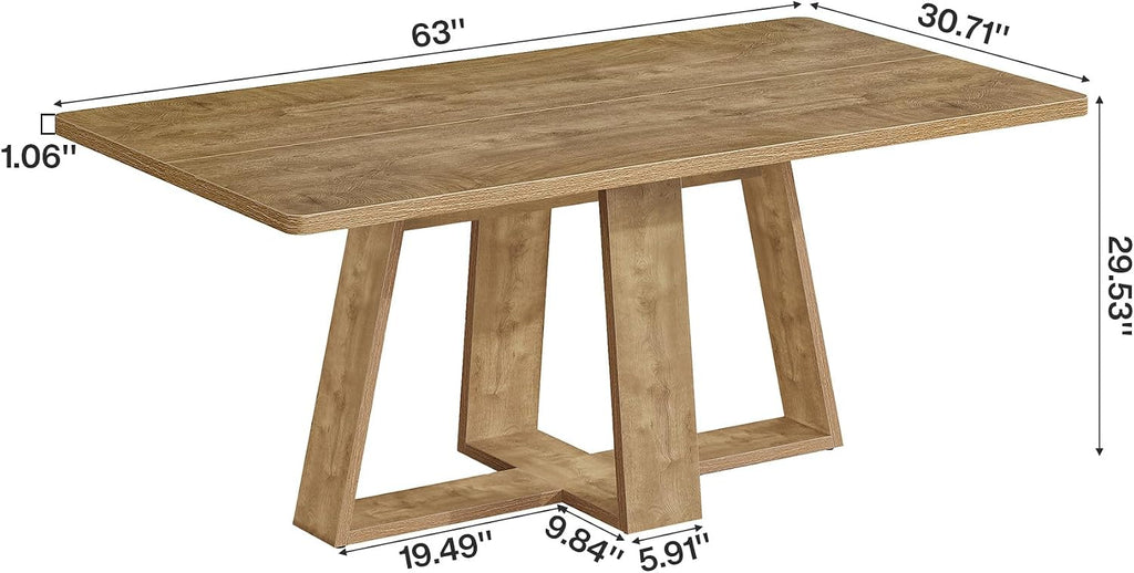 Tribesigns 63-Inch Dining Table, Farmhouse Kitchen Table with Wooden Pedestal, Rectangle Dinner Table for Kitchen, Dining Room, Small Space, Rustic Brown, Capacity 4-6