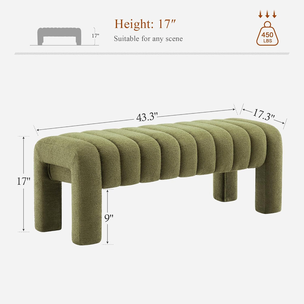 43’’ Bedroom Bench, Upholstered End of Bed Bench with Solid Wood Legs, Modern Small Dining Bench with Full Covered Fabrics for Entryway, Bedroom, Living Room (Green, Boucle)