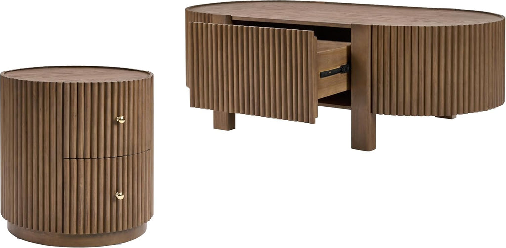 Christopher Knight Home Amano Modern Coffee Table Set of 2, Wooden Round Side Table and Coffee Table Set, Living Room Center Table Set, Walnut