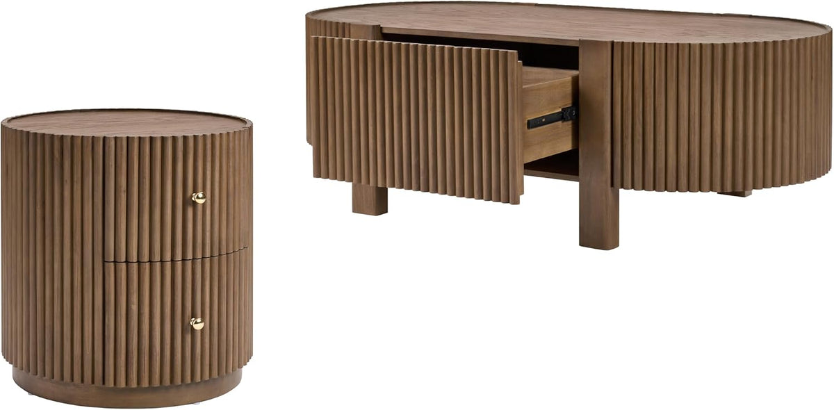 Christopher Knight Home Amano Modern Coffee Table Set of 2, Wooden Round Side Table and Coffee Table Set, Living Room Center Table Set, Walnut