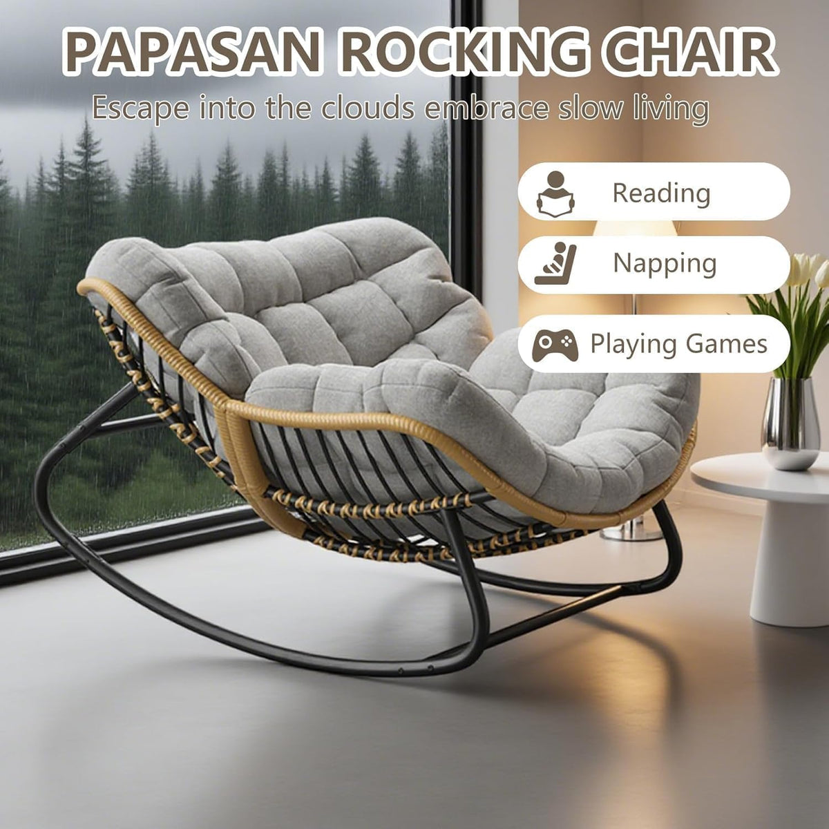 Papasan Rocking Chair with Comfy Thick Cushion, Oversized Outdoor Rocking Chair with Steel Frame, Wicker Rattan Lounge Rocker, Indoor Outdoor Egg Chair for Patio, Balcony, Living Room, Gray