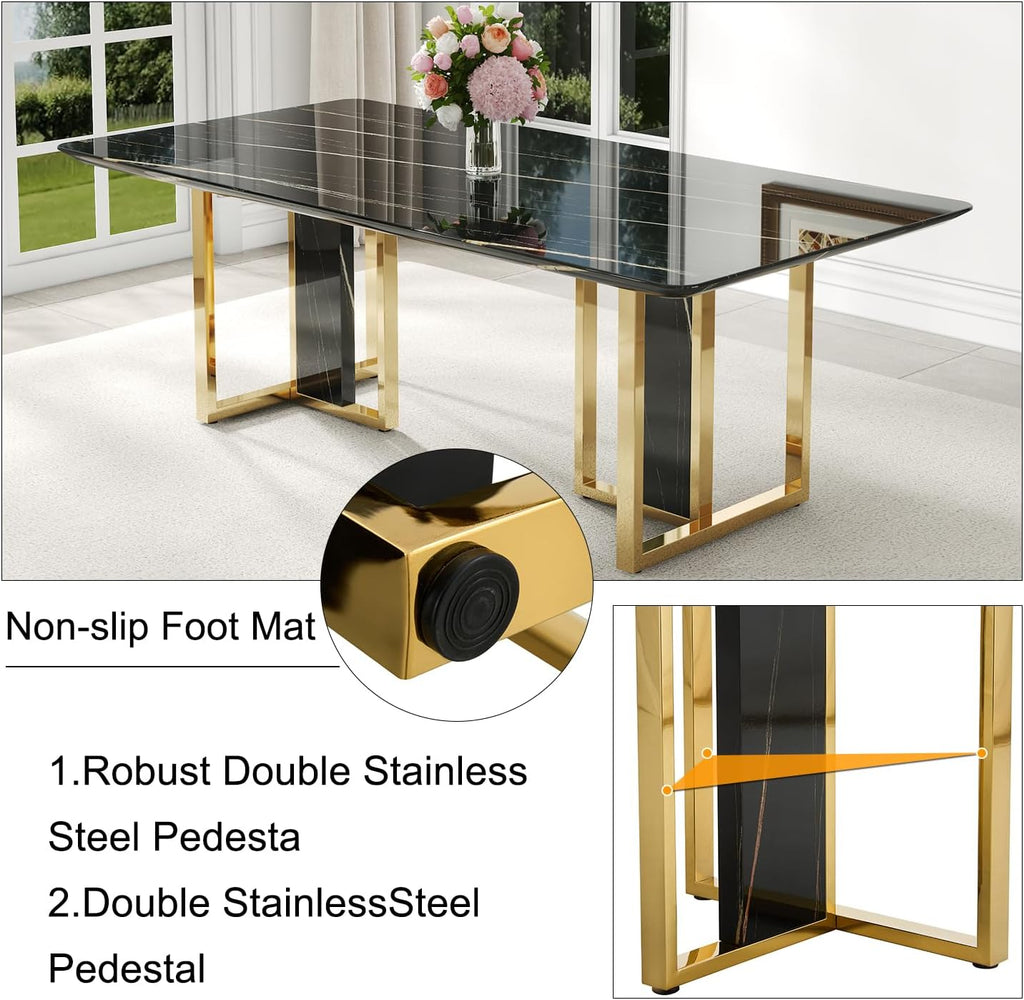 79'' Modern Dining Table Set for 10, Black Kitchen Table with 1.8" Thick Faux Marble Top & 10 PU Leather Chairs, Luxury Dining Room Furniture Set for Kitchen/Dinner Room
