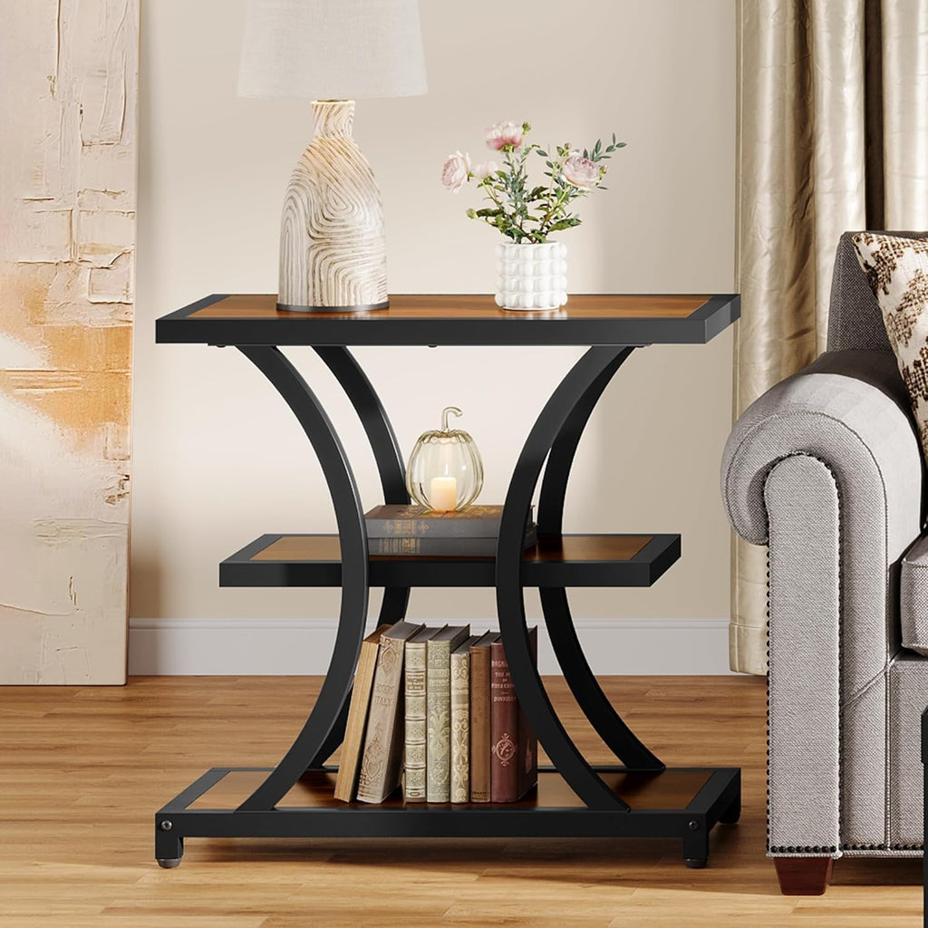 Tribesigns End Table with Storage, 3-Tier Side Table with Geometric Metal Design, Industrial Nightstand for Small Spaces, Living Room, Bedroom, Study Room (Rustic Brown)