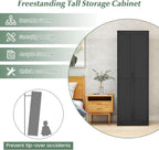 TANGZON Tall Kitchen Cupboard, 5-Tier Storage Cabinet with 2 Adjustable Shelves, Doors & Anti-tipping Device, Freestanding Wooden Tall Sideboard Unit for Pantry Dining Living Room (Black)