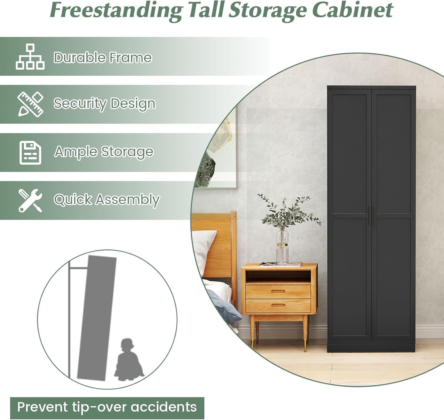 TANGZON Tall Kitchen Cupboard, 5-Tier Storage Cabinet with 2 Adjustable Shelves, Doors & Anti-tipping Device, Freestanding Wooden Tall Sideboard Unit for Pantry Dining Living Room (Black)