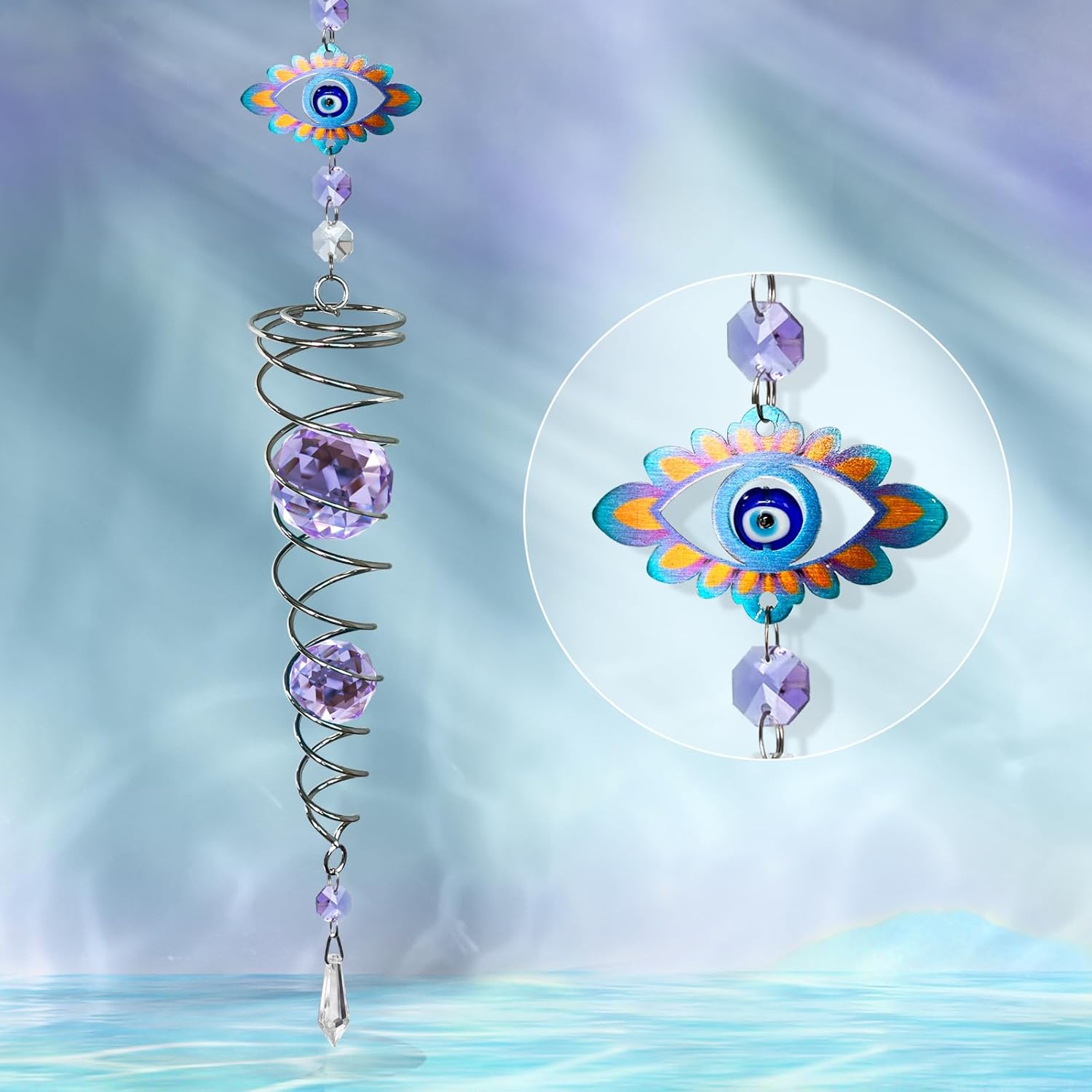 FONMY Evil Eye Gazing Ball Spiral Tail Wind Spinner Sun Catcher Rainbow Maker Silver Spiral W/Purple K9 Crystal Ball Christmas GifTree Hanging Ornament Indoor Outdoor Garden Decor. 19.5inch H