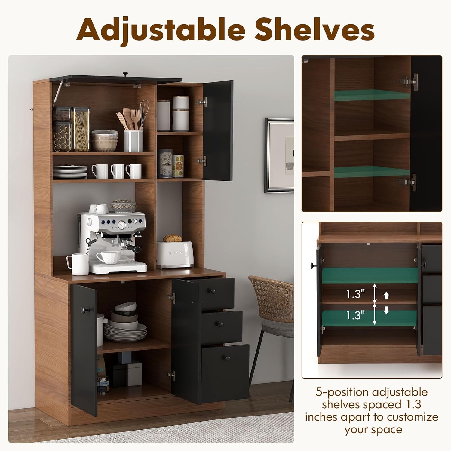 71" Large Kitchen Pantry Cabinet with Microwave Shelf, Wooden Tall Pantry Hutch with 3 Drawers, Adjustable Shelves, Farmhouse Kitchen Hutch Storage Cabinet for Dining Room (Walnut)
