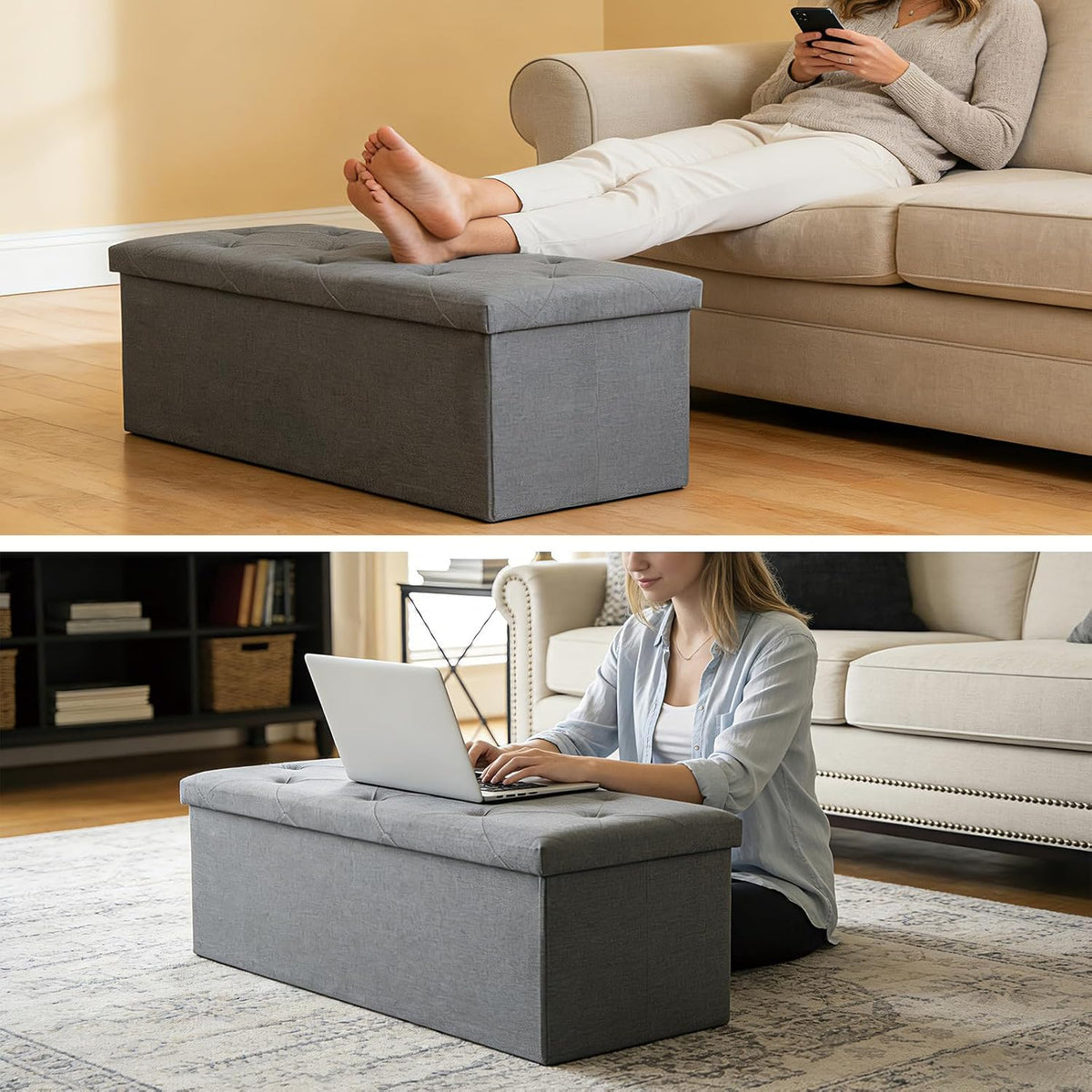 Storage Bench for Bedroom,Storage Ottoman Bench,35 Gallon,Foldable,Gray | Fabric Covered Storage Bench with Seat,Kids Toy Hidden Storage Bench,15x43x15in,Easy Assembly