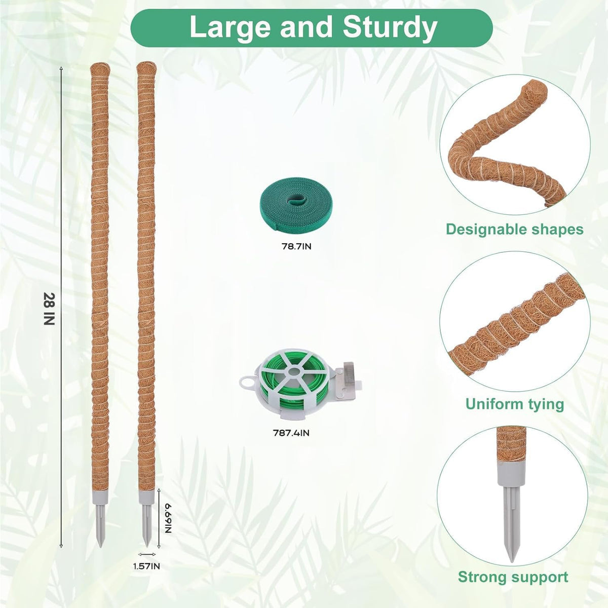 2 Pack Moss Pole, 28 Inch Monstera Plant Support, Moss Poles for Climbing Plants Indoor DIY, Coco Coir Plant Pole Moss Plant Stick Support Stake Kit for Potted Plants, Pothos, Philodendron