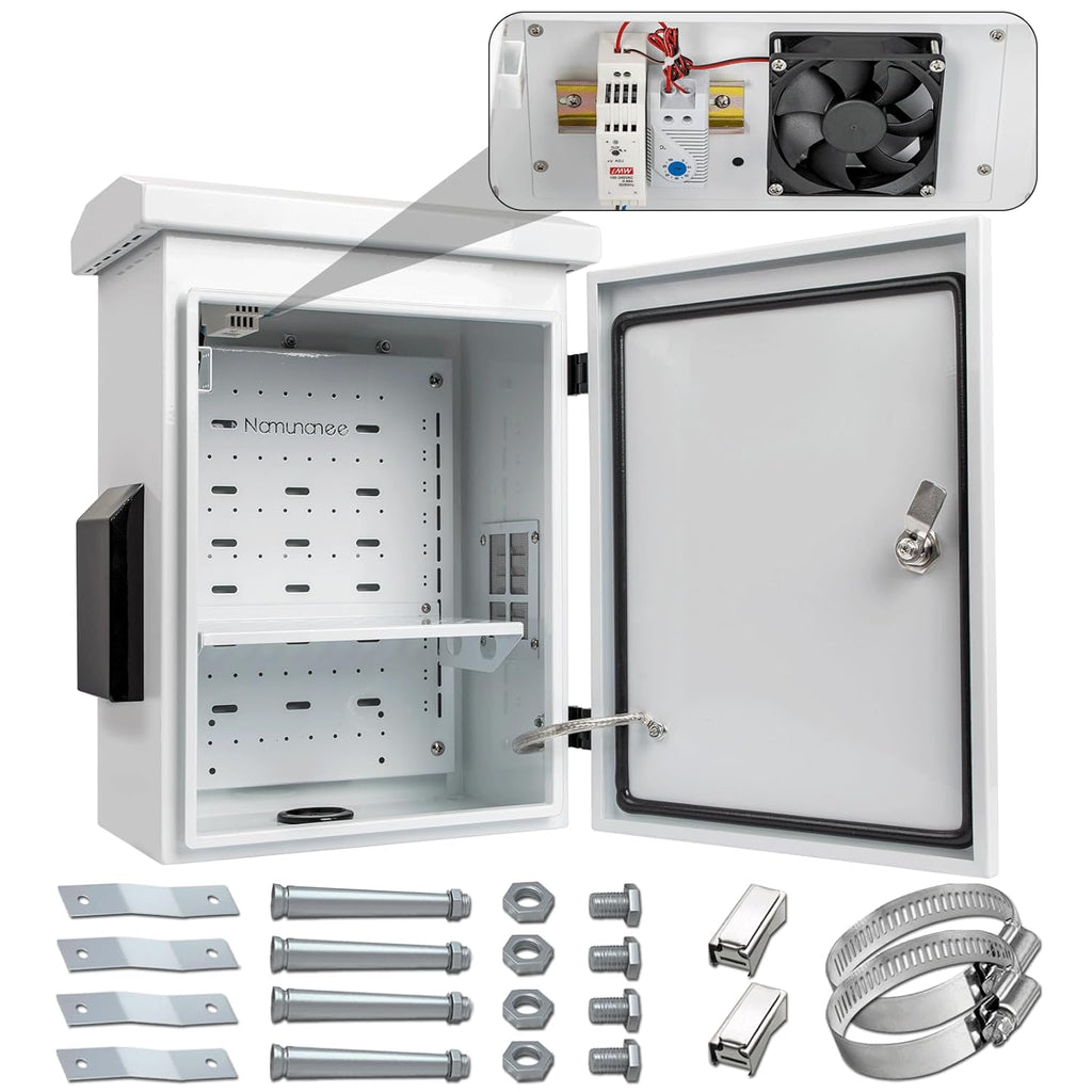 Outdoor Electrical Box with Thermostat and Fan, Cold-Rolled Steel Plate, Aluminum Alloy Back Beam, One-Piece Ventilation Design, IP65 Waterproof, Wall/Pole Mounted. (17.8" x 14" x 7.9")