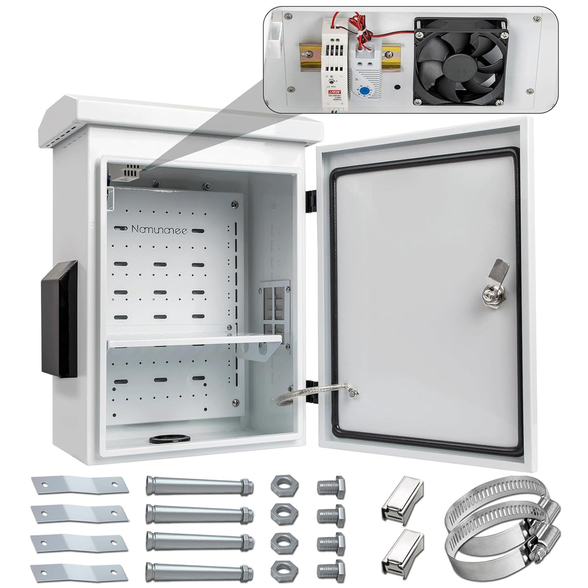 Outdoor Electrical Box with Thermostat and Fan, Cold-Rolled Steel Plate, Aluminum Alloy Back Beam, One-Piece Ventilation Design, IP65 Waterproof, Wall/Pole Mounted. (17.8" x 14" x 7.9")