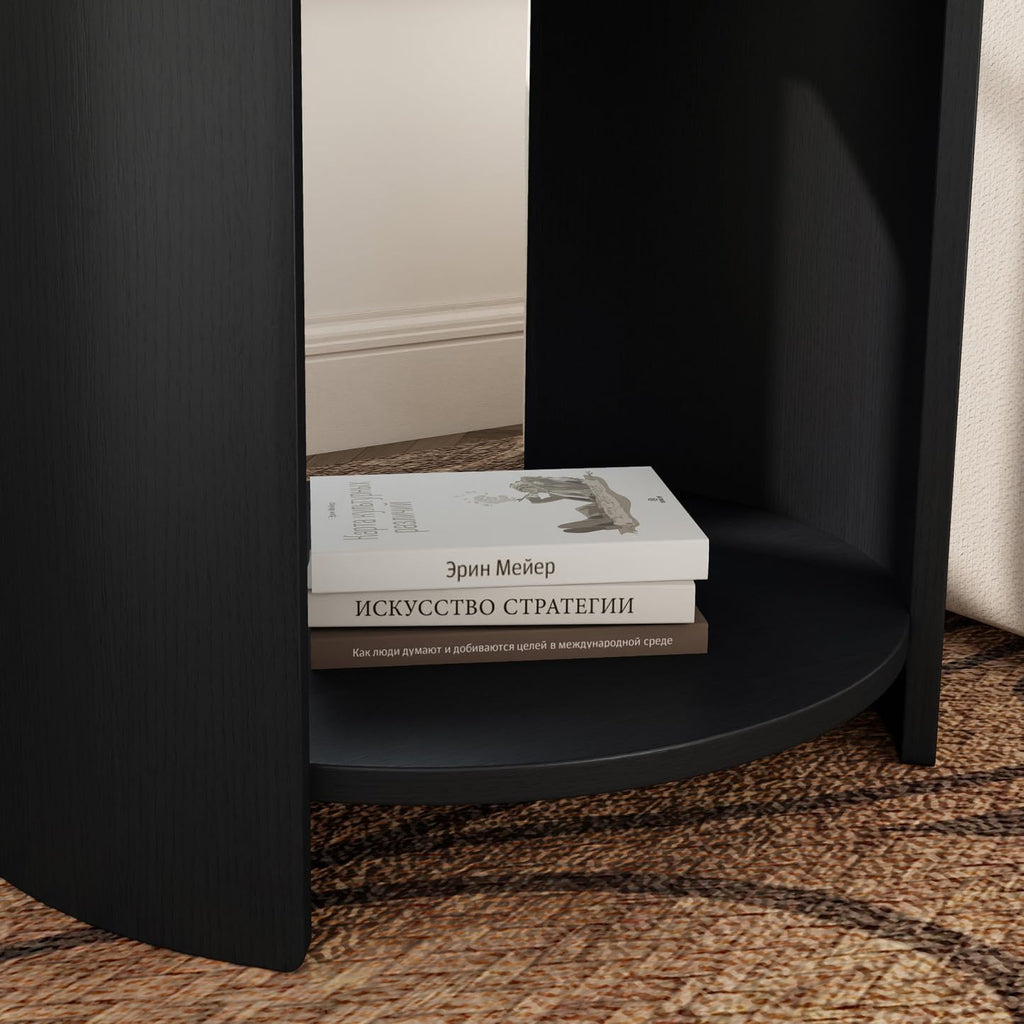 DDAYALANE Farmhouse Wooden Bedside Table for Living Room, White Faux Marble Tabletop, 25" Round Side Table Night Stand for Bedroom with 2-Tier Storage End Table, Rustic Black and White