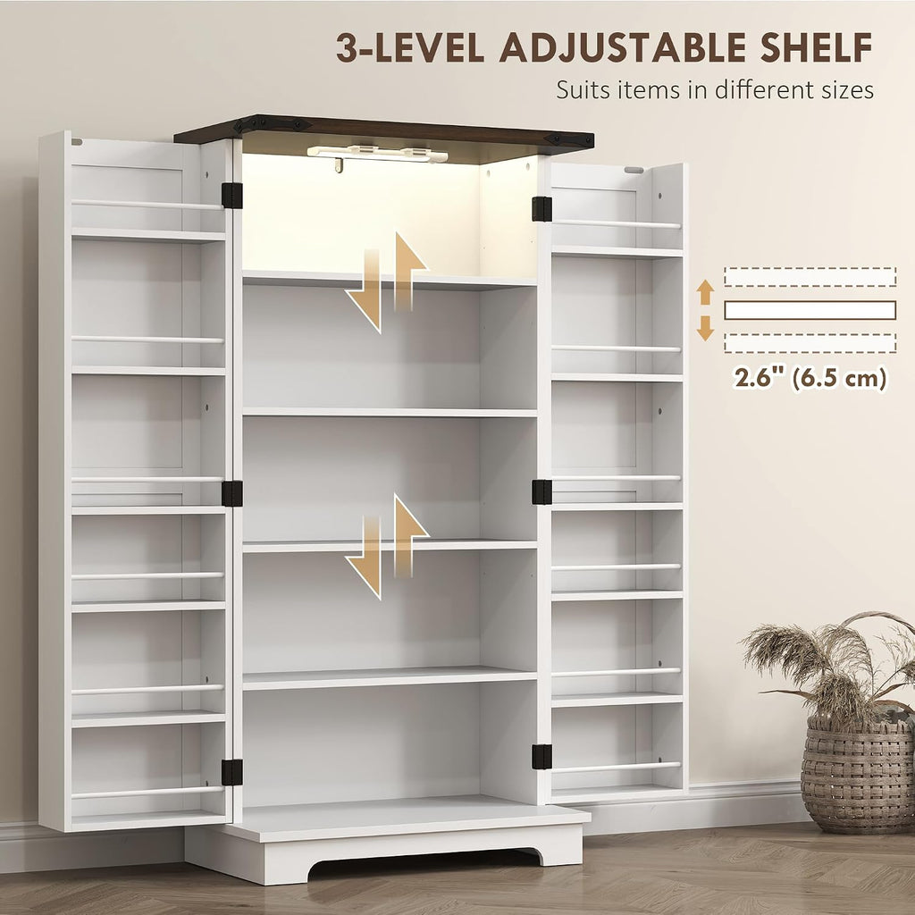 HOMCOM 47" LED Kitchen Pantry Cabinet with Barn Door 5 Deep Shelves White | Farmhouse Storage Cabinet, 12 Door Shelves, Freestanding Food Pantry