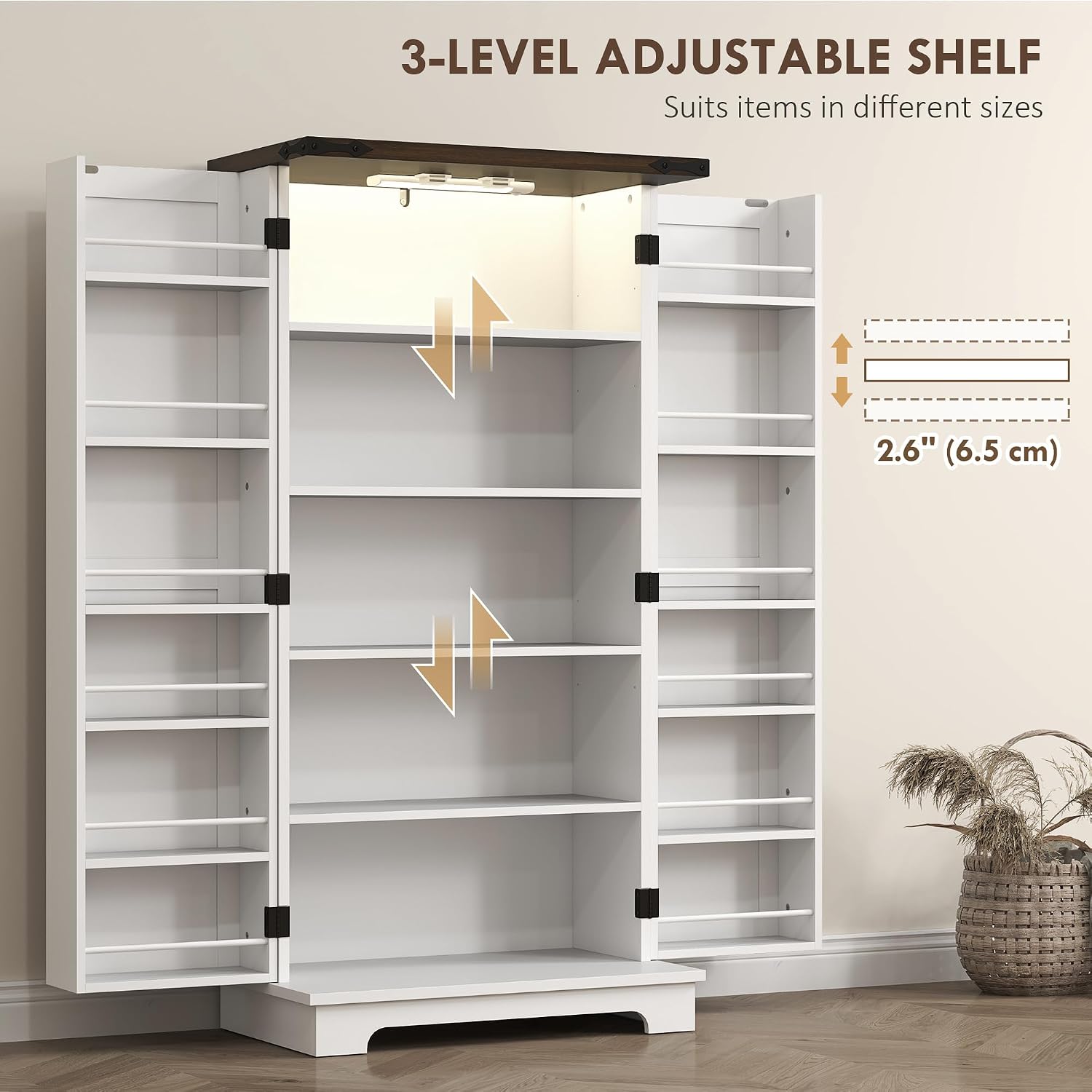 HOMCOM 47" LED Kitchen Pantry Cabinet with Barn Door 5 Deep Shelves White | Farmhouse Storage Cabinet, 12 Door Shelves, Freestanding Food Pantry