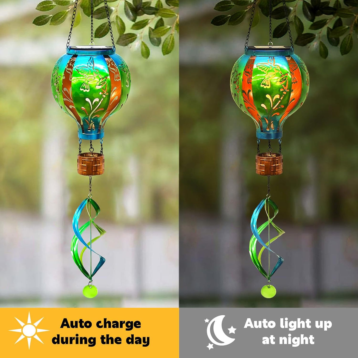 Hot Air Balloon Solar Lantern Hummingbird Wind Spinners with Flickering Flame Light Hanging Solar Lantern Outdoor Waterproof Decorations for Outside Patio Garden Yard