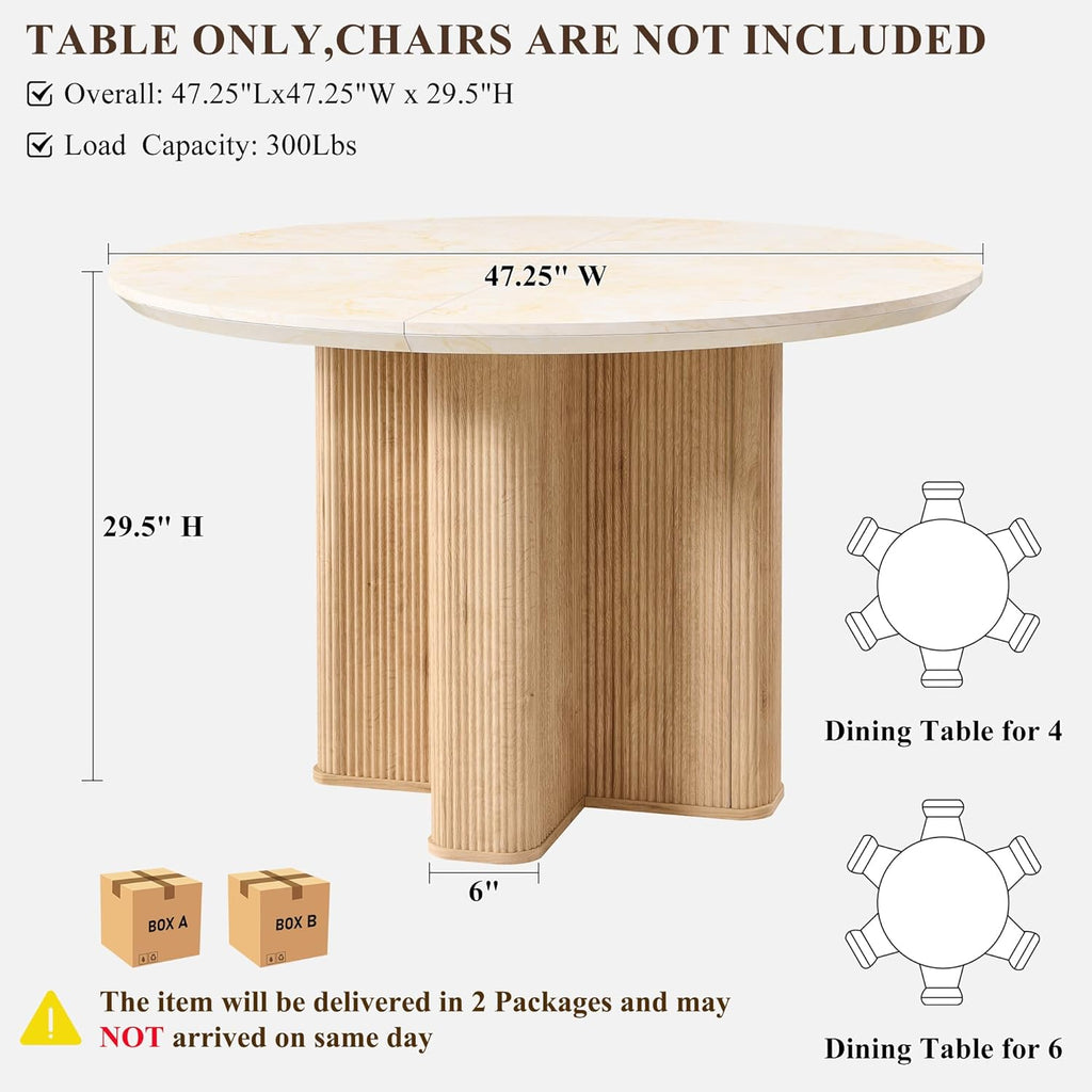 OKD Fluted Round Dining Table for 4, 47" Modern Kitchen Table with Thickened Edge & Sturdy Pedestal Base for Kitchen Living Room,Marble & Natural Oak(Table Only)