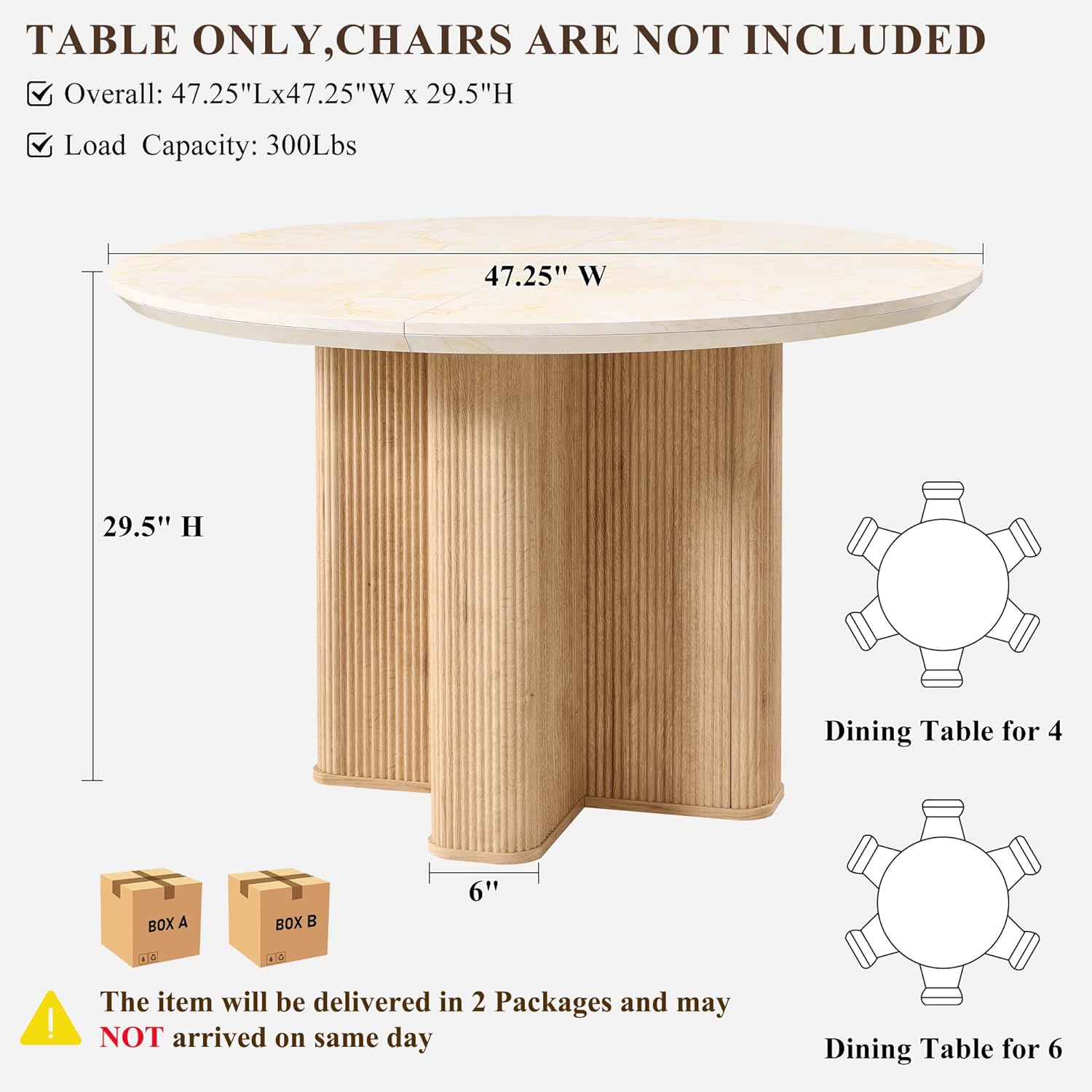 OKD Fluted Round Dining Table for 4, 47" Modern Kitchen Table with Thickened Edge & Sturdy Pedestal Base for Kitchen Living Room,Marble & Natural Oak(Table Only)