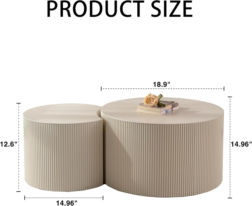 WILLIAMSPACE Beige Round Nesting Coffee Table Set of 2 with Wave Stripe, Modern Wooden Circle Drum Tables Center Table Accent Side Crescent Shape Table for Living Room, No Assembly, 18.9" + 14.96"