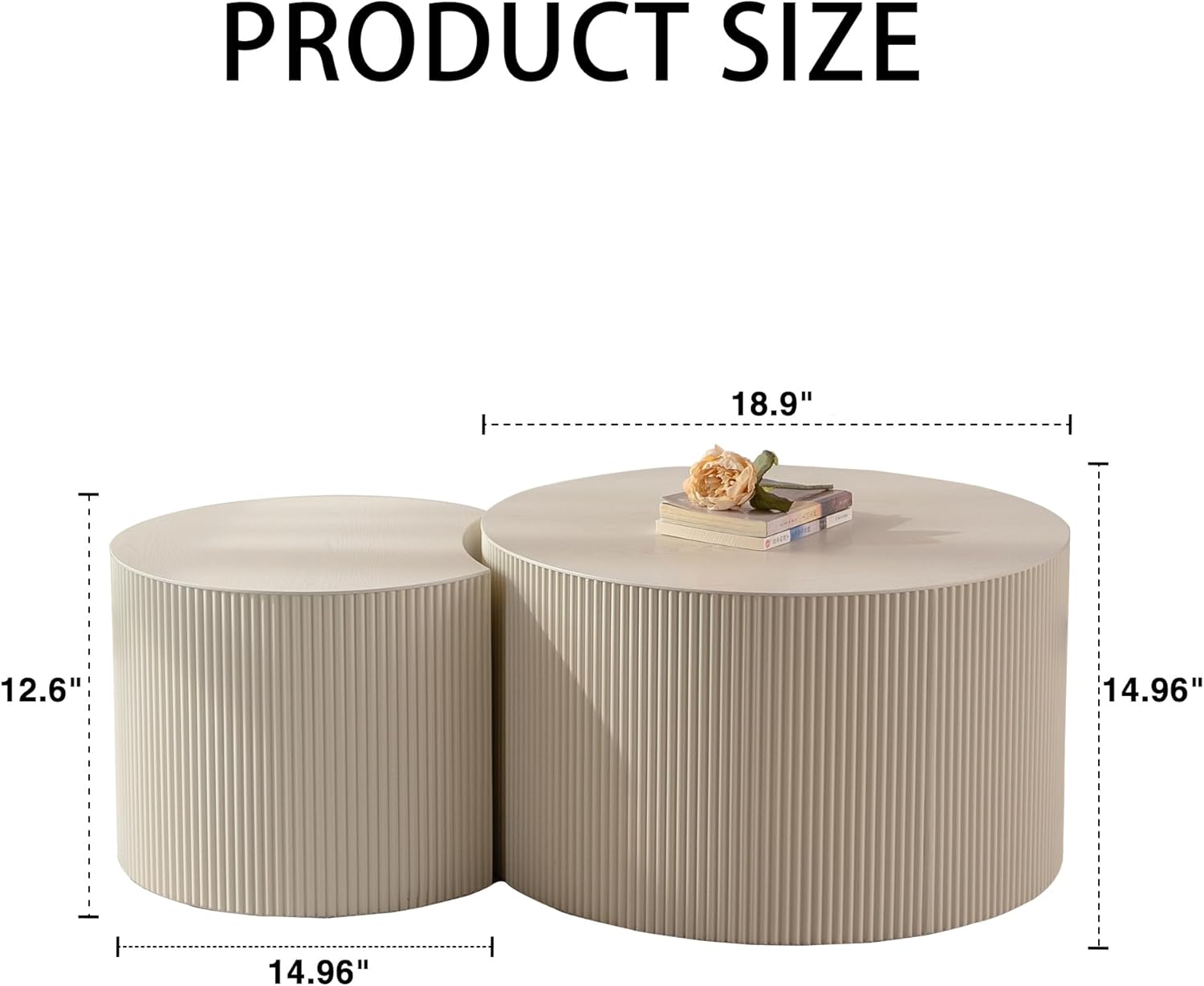 WILLIAMSPACE Beige Round Nesting Coffee Table Set of 2 with Wave Stripe, Modern Wooden Circle Drum Tables Center Table Accent Side Crescent Shape Table for Living Room, No Assembly, 18.9" + 14.96"